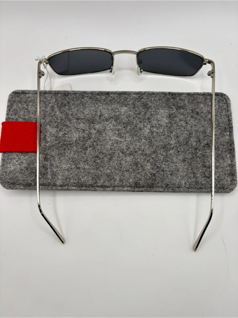 Vintage 90s Y2K Slim Rectangular Silver Metal Frame Sunglasses Dark Gray Lens